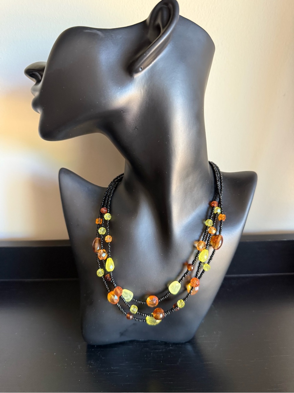Beaded Multi-Strand Black Necklace with Amber & Lime Accent Beads